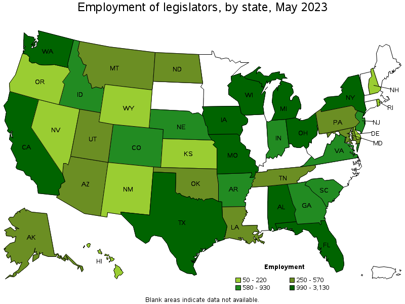 Map of employment of legislators by state, May 2023