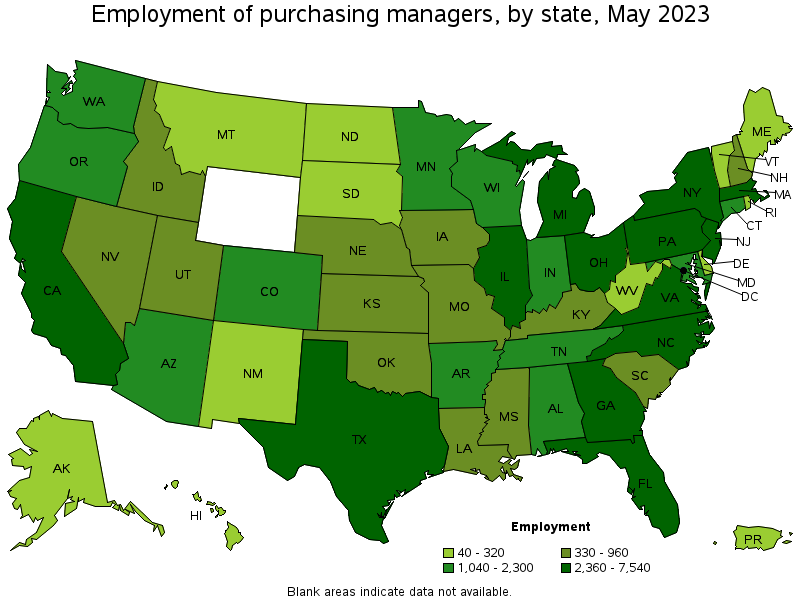Map of employment of purchasing managers by state, May 2023