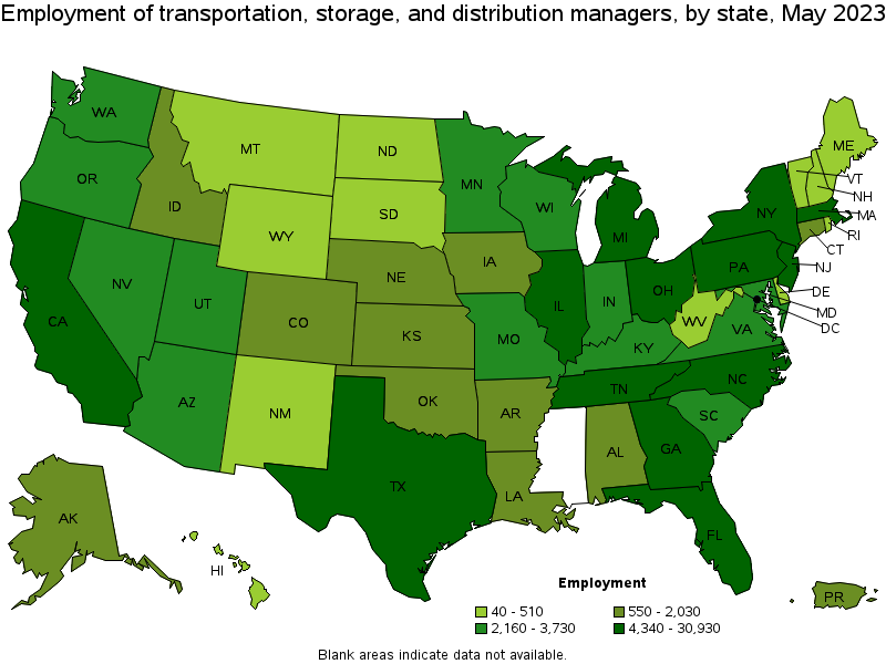 Map of employment of transportation, storage, and distribution managers by state, May 2023