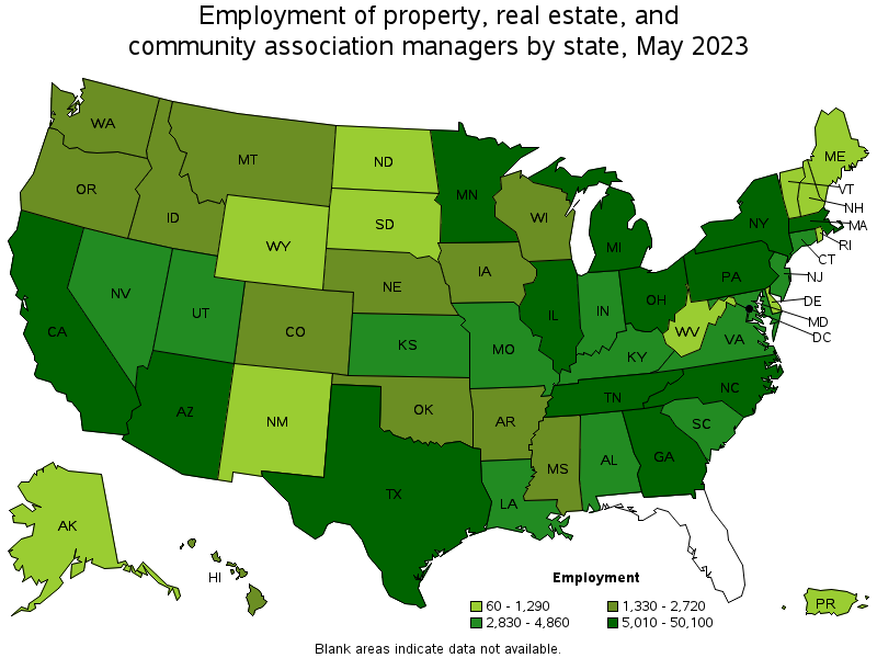 Map of employment of property, real estate, and community association managers by state, May 2023