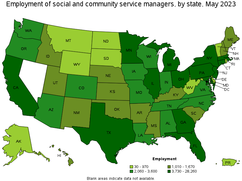 Map of employment of social and community service managers by state, May 2023