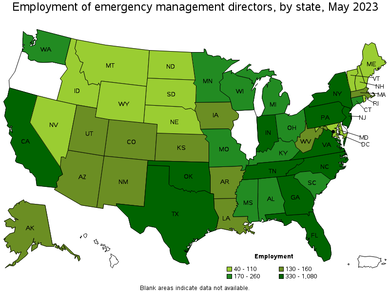 Map of employment of emergency management directors by state, May 2023