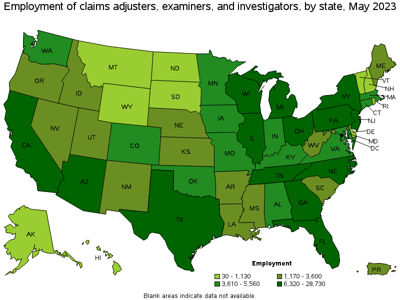 Map of employment of claims adjusters, examiners, and investigators by state, May 2023