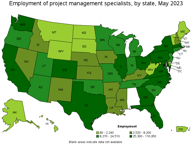 Map of employment of project management specialists by state, May 2023