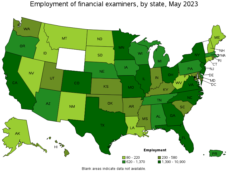 Map of employment of financial examiners by state, May 2023