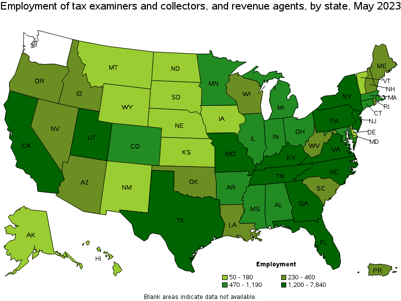 Map of employment of tax examiners and collectors, and revenue agents by state, May 2023