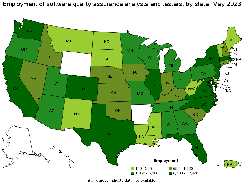 Map of employment of software quality assurance analysts and testers by state, May 2023