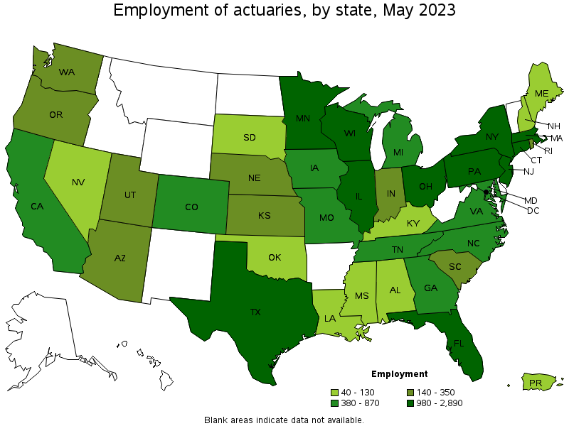 Map of employment of actuaries by state, May 2023