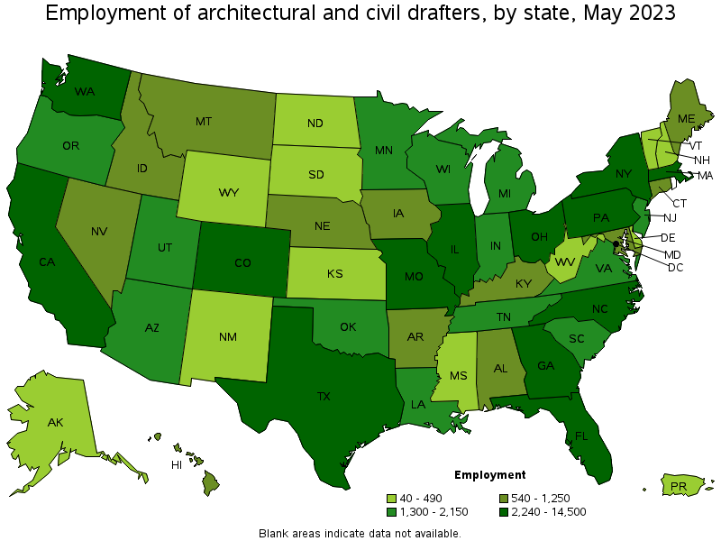 Map of employment of architectural and civil drafters by state, May 2023