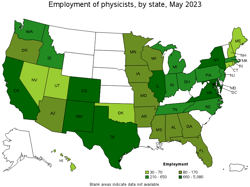 Map of employment of physicists by state, May 2023