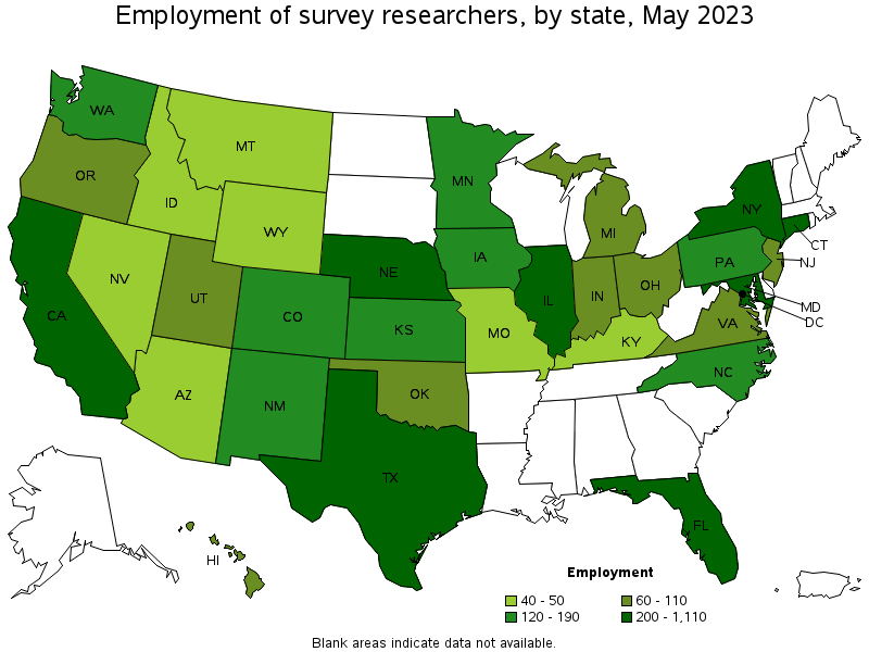 Map of employment of survey researchers by state, May 2023