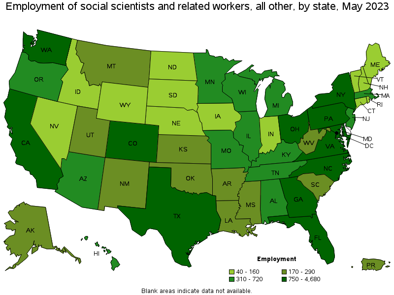 Map of employment of social scientists and related workers, all other by state, May 2023