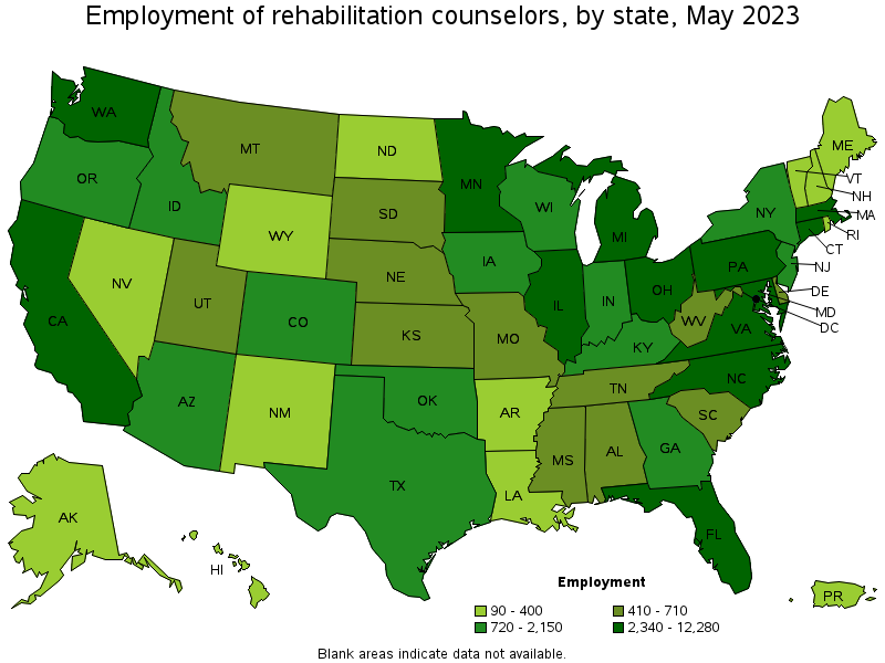 Map of employment of rehabilitation counselors by state, May 2023