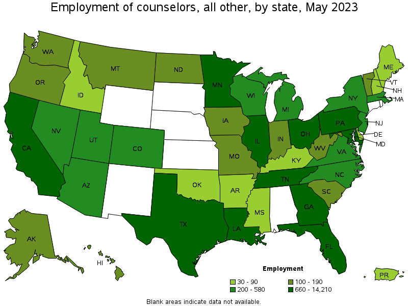 Map of employment of counselors, all other by state, May 2023