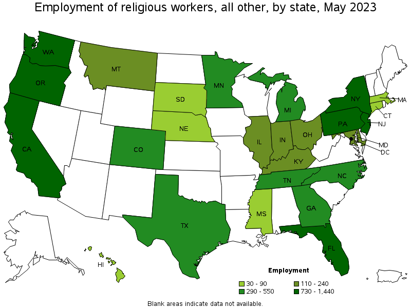 Map of employment of religious workers, all other by state, May 2023
