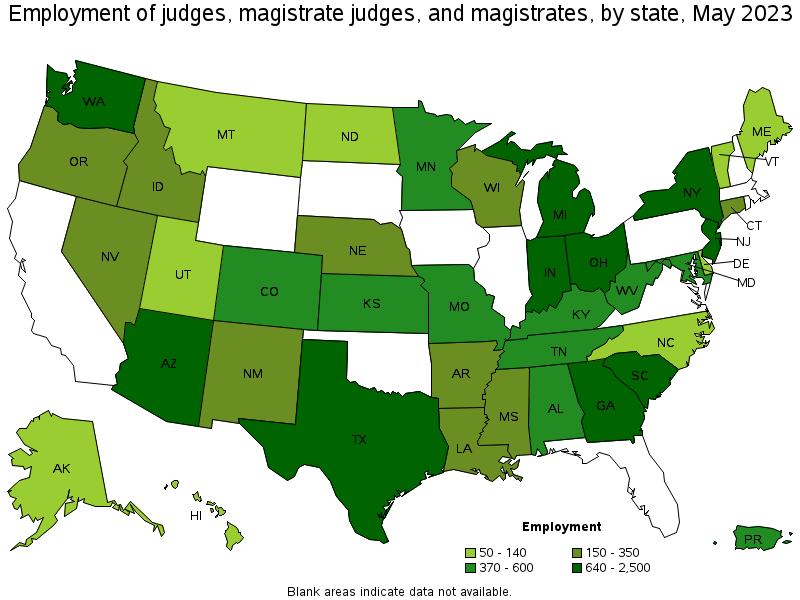Map of employment of judges, magistrate judges, and magistrates by state, May 2023