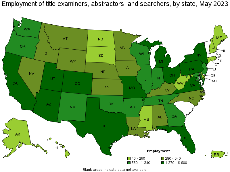 Map of employment of title examiners, abstractors, and searchers by state, May 2023