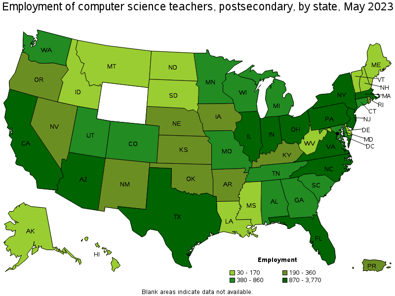 Map of employment of computer science teachers, postsecondary by state, May 2023