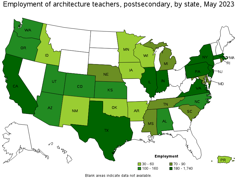 Map of employment of architecture teachers, postsecondary by state, May 2023
