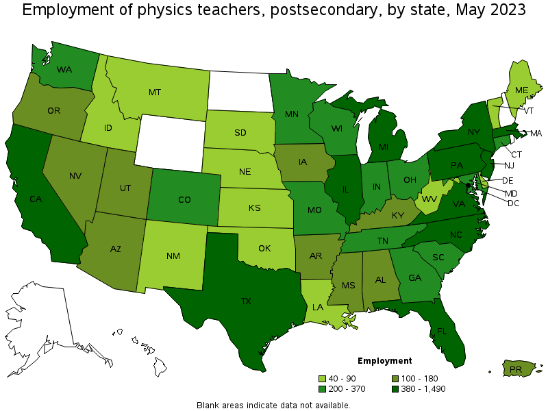 Map of employment of physics teachers, postsecondary by state, May 2023