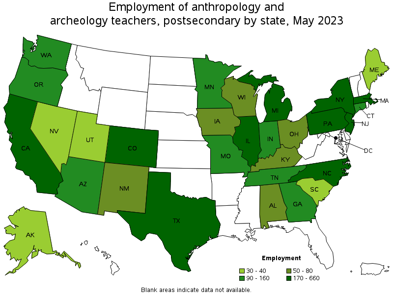 Map of employment of anthropology and archeology teachers, postsecondary by state, May 2023