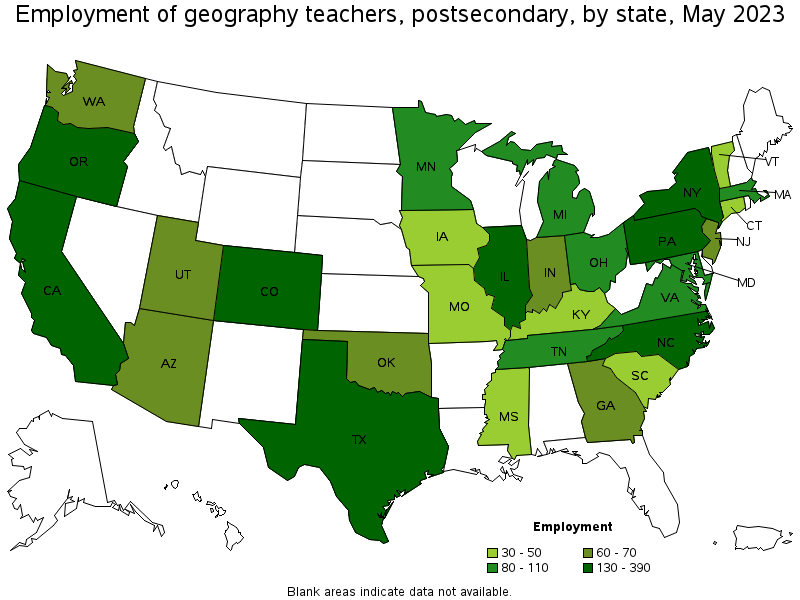Map of employment of geography teachers, postsecondary by state, May 2023