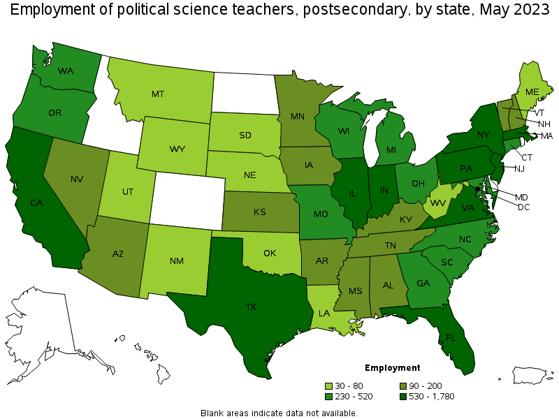 Map of employment of political science teachers, postsecondary by state, May 2023