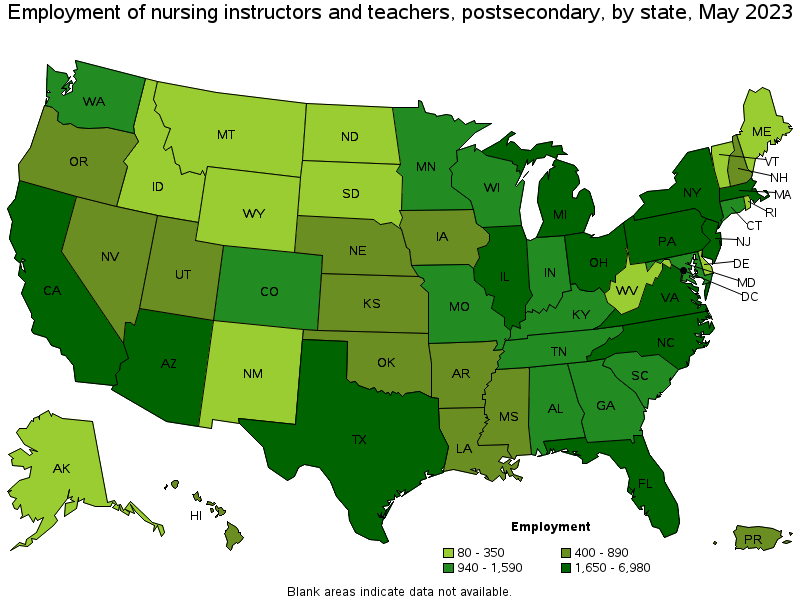 Map of employment of nursing instructors and teachers, postsecondary by state, May 2023
