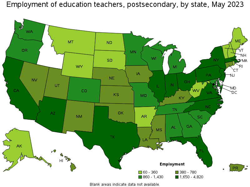 Map of employment of education teachers, postsecondary by state, May 2023