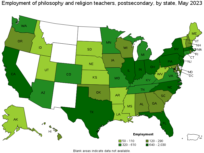 Map of employment of philosophy and religion teachers, postsecondary by state, May 2023