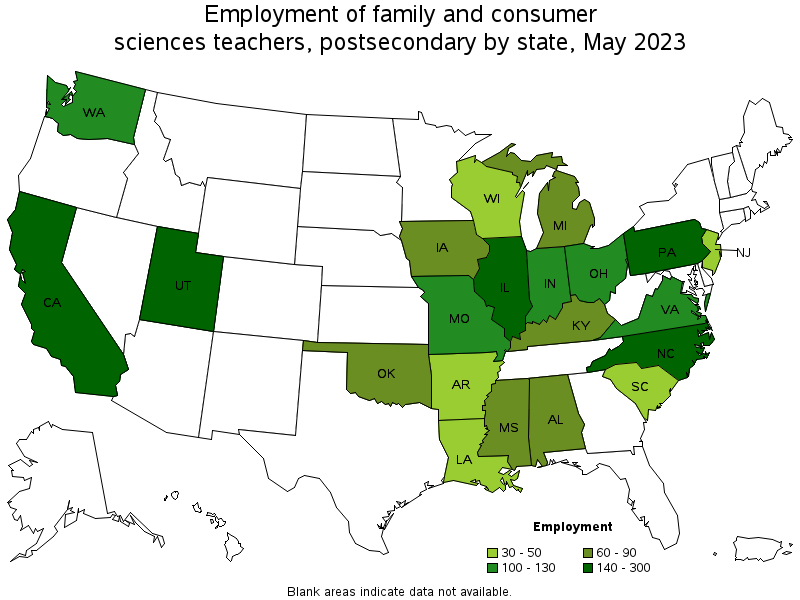 Map of employment of family and consumer sciences teachers, postsecondary by state, May 2023