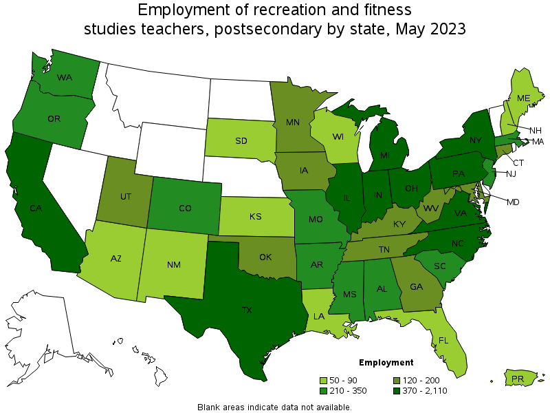 Map of employment of recreation and fitness studies teachers, postsecondary by state, May 2023