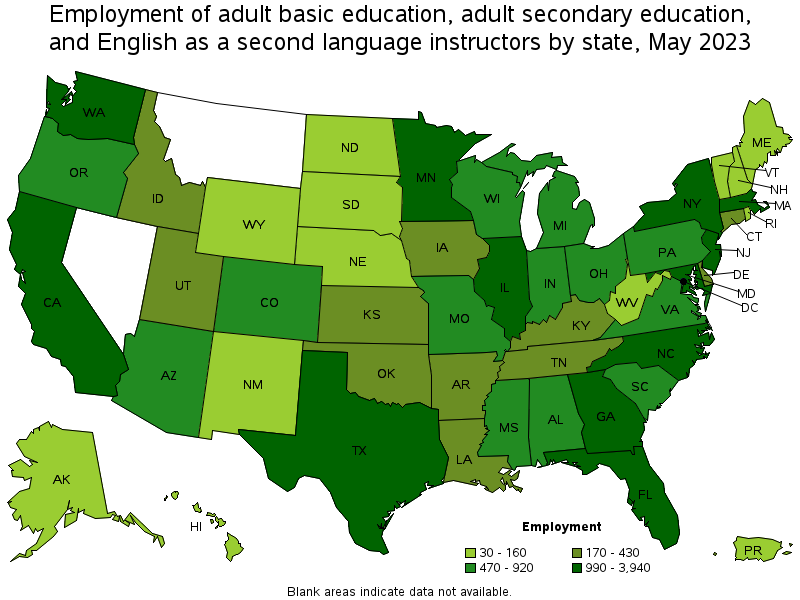 Map of employment of adult basic education, adult secondary education, and english as a second language instructors by state, May 2023
