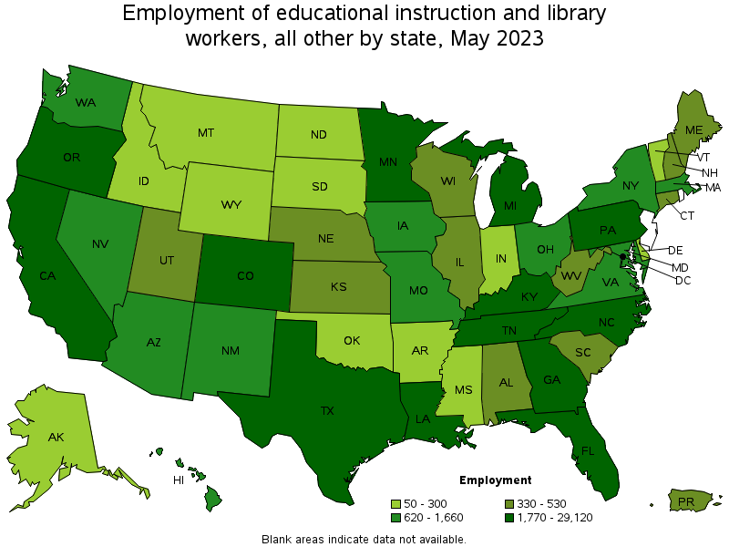Map of employment of educational instruction and library workers, all other by state, May 2023