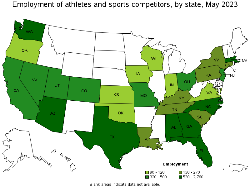 Map of employment of athletes and sports competitors by state, May 2023