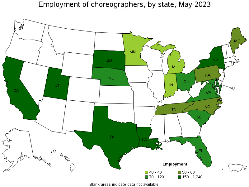Map of employment of choreographers by state, May 2023