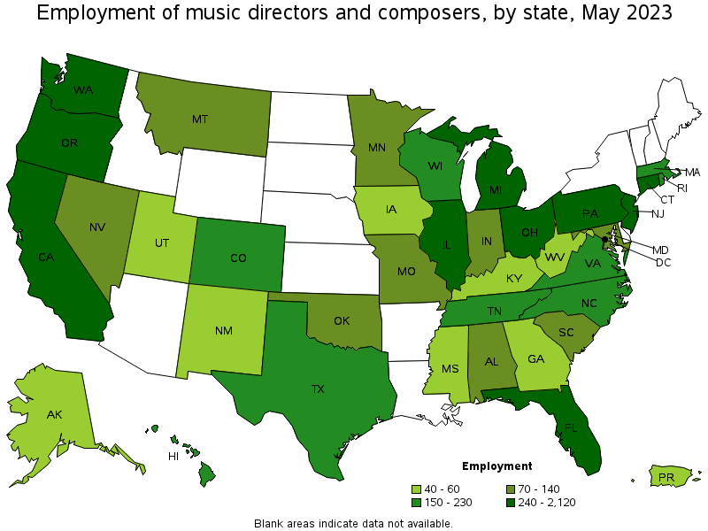 Map of employment of music directors and composers by state, May 2023