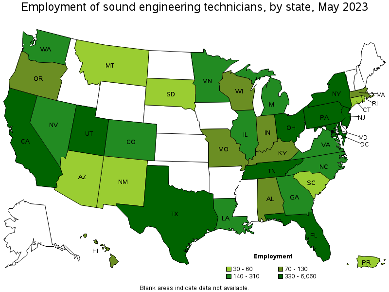 Map of employment of sound engineering technicians by state, May 2023