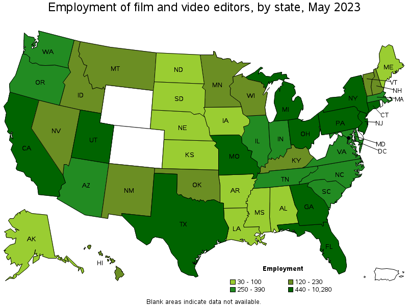 Map of employment of film and video editors by state, May 2023