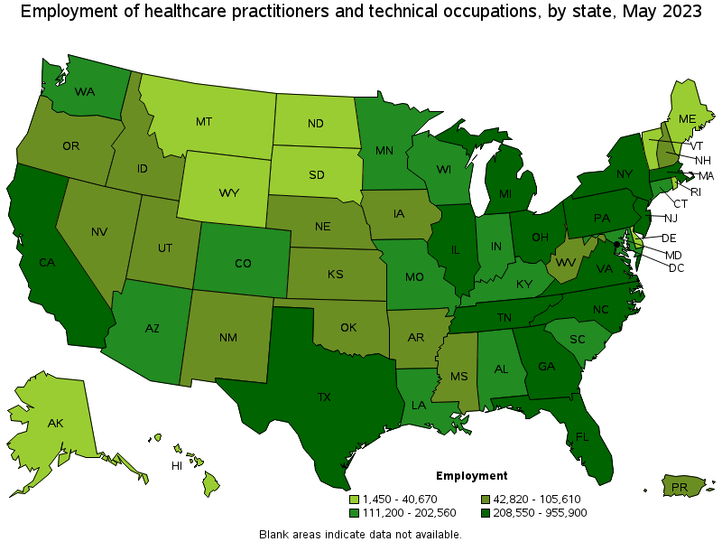 Map of employment of healthcare practitioners and technical occupations by state, May 2023