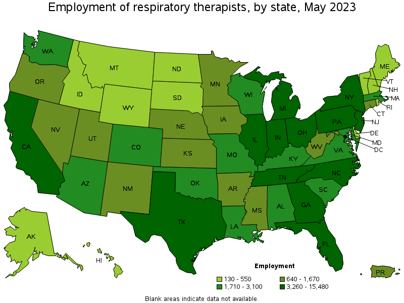 Map of employment of respiratory therapists by state, May 2023