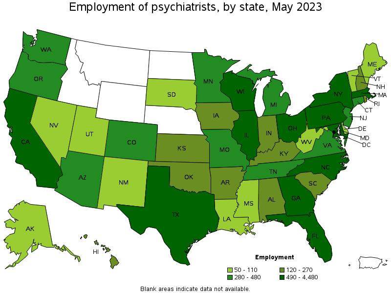 Map of employment of psychiatrists by state, May 2023