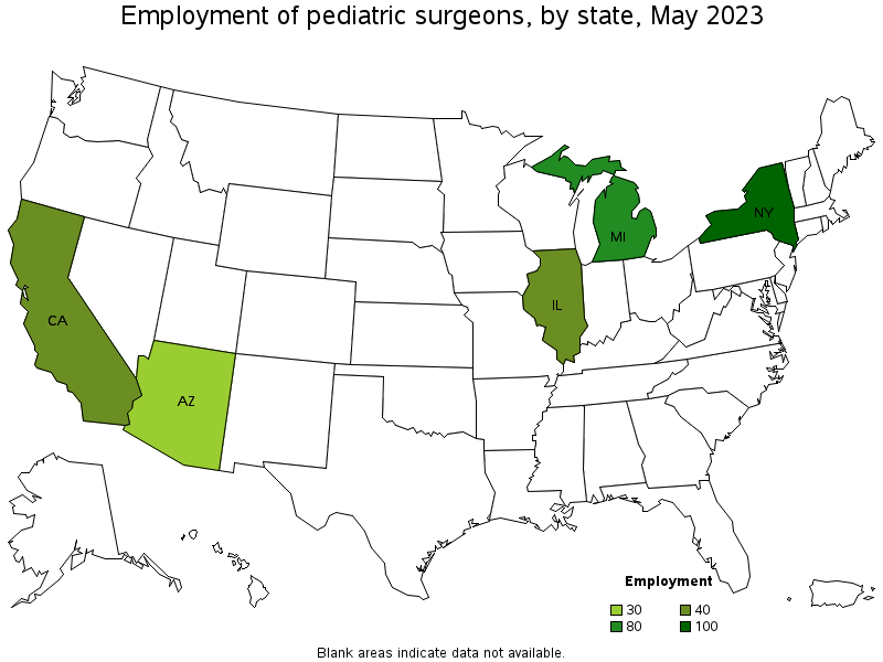 Map of employment of pediatric surgeons by state, May 2023