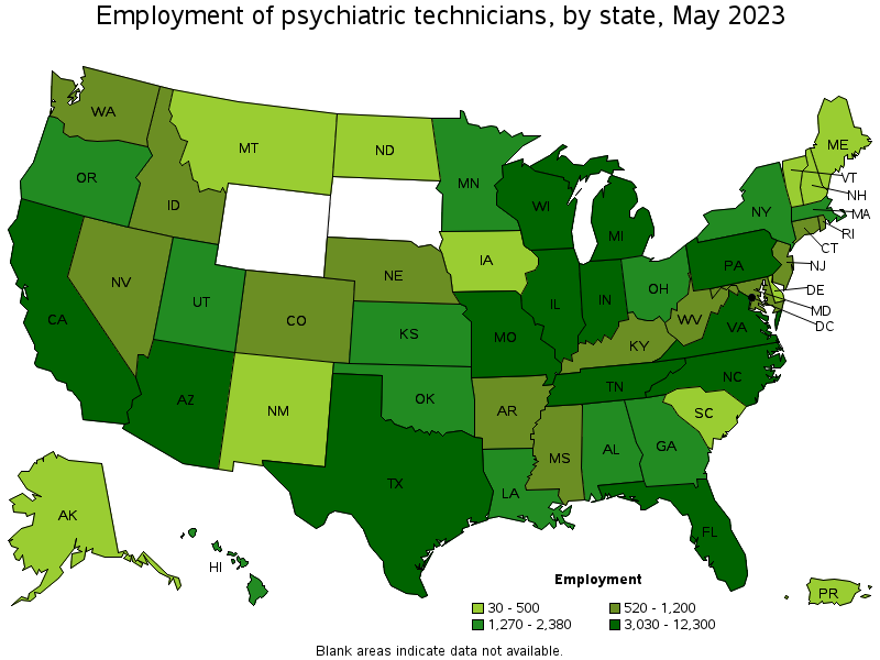 Map of employment of psychiatric technicians by state, May 2023