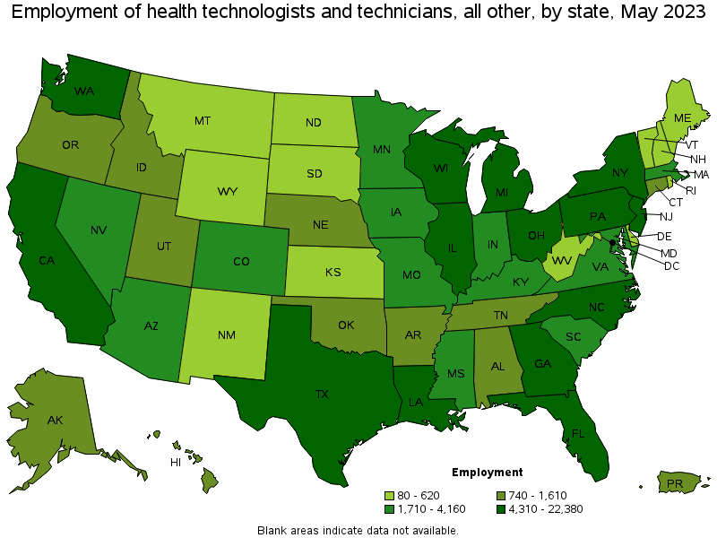 Map of employment of health technologists and technicians, all other by state, May 2023