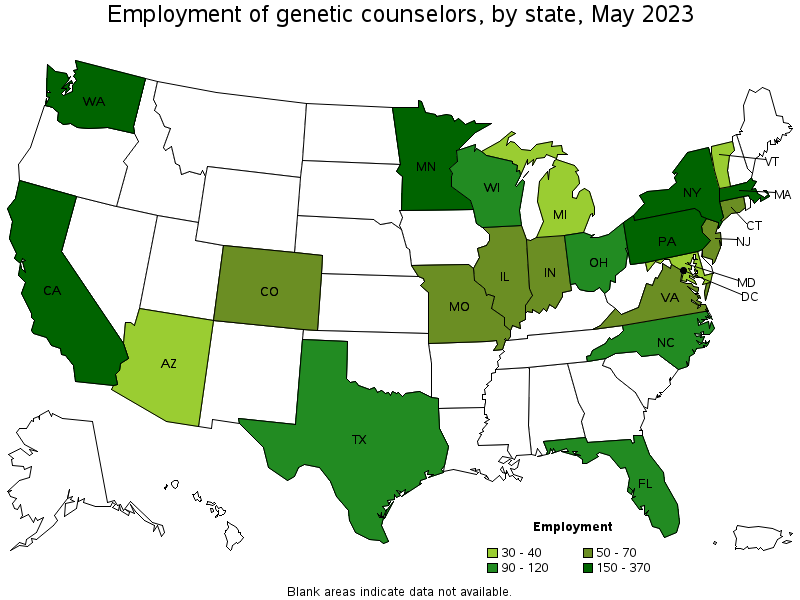 Map of employment of genetic counselors by state, May 2023