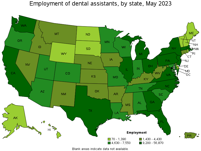 Map of employment of dental assistants by state, May 2023
