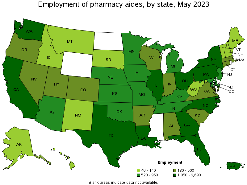 Map of employment of pharmacy aides by state, May 2023