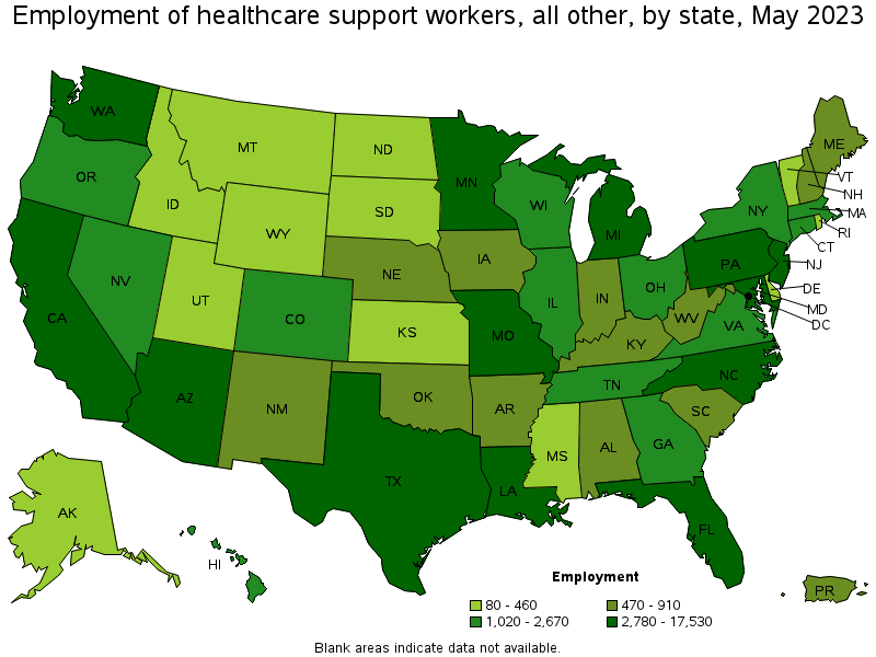 Map of employment of healthcare support workers, all other by state, May 2023