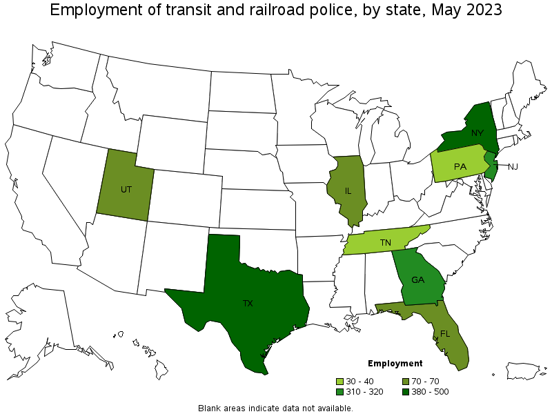 Map of employment of transit and railroad police by state, May 2023